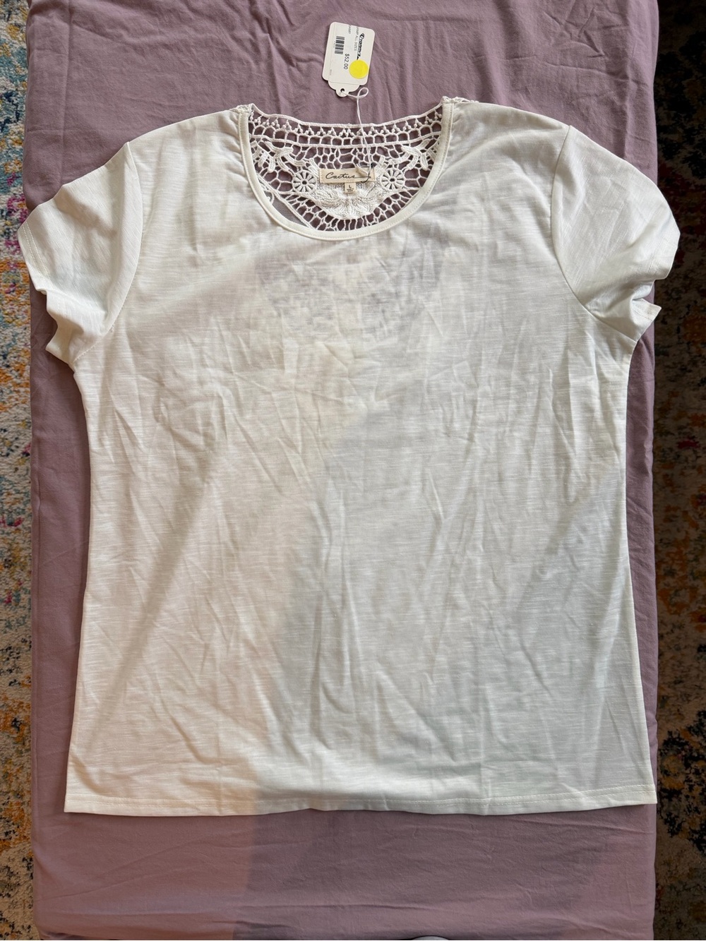 Cactus Off-White Short Sleeve Tee with Crochet Scoop Neck